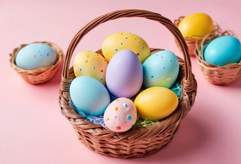 A basket filled with Easter cookies and colorful eggs on a pastel background