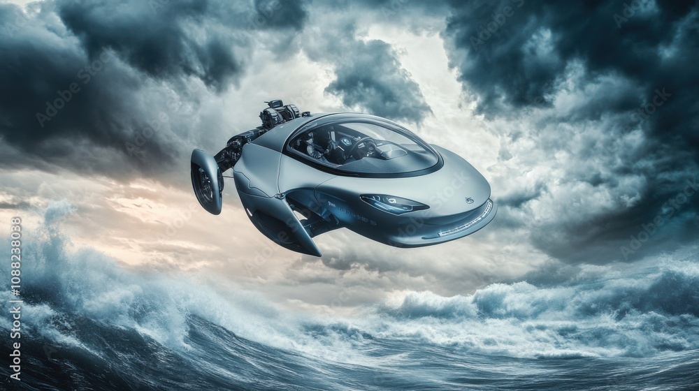 Poster A robotic pilot navigating through a turbulent storm in a futuristic flying car, adventurous and airborne setting with storm clouds and advanced aerial navigation systems