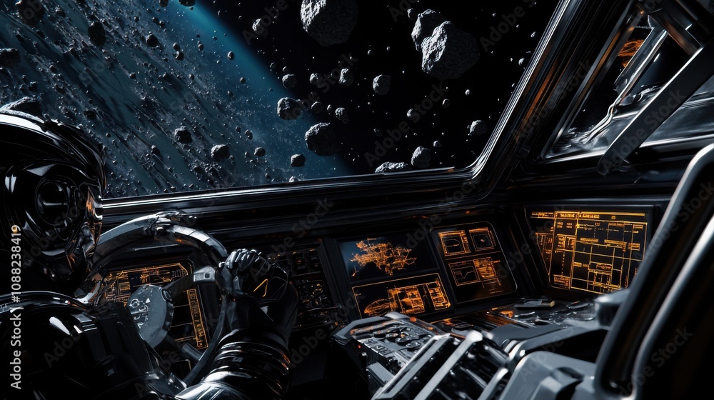 Aufkleber A robotic pilot navigating through asteroid fields in a deep space exploration mission, cosmic and exploratory setting with asteroid belts and spaceship controls, Deep Space Pilot Robotics style