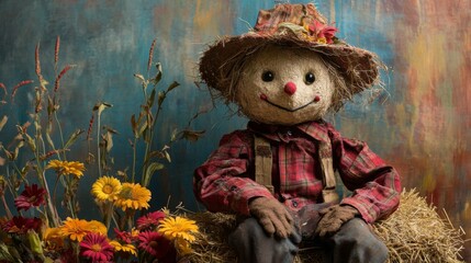 A Smiling Scarecrow Sitting On A Bale Of Hay