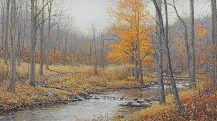 Fototapeta premium Serene autumn landscape with a winding stream and colorful foliage