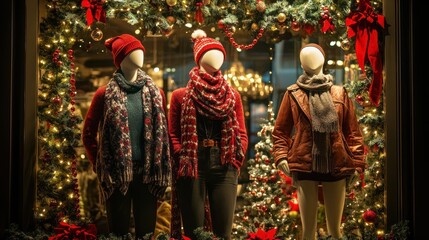 Fototapeta premium A festive window display featuring mannequins dressed in winter clothing amidst holiday decorations.
