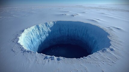 Aerial view of a large ice hole in a snowy landscape