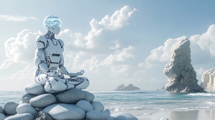 2410_198.futuristic ai assistance in meditation practice, pristine coastal landscape, robotic appendage delicately adjusting rock tower, sun-bleached pebbles, seamless blend of serenity and advanced