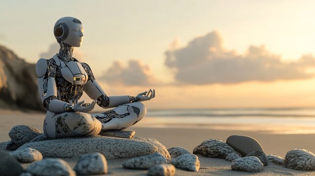 2410_198.futuristic ai assistance in meditation practice, pristine coastal landscape, robotic appendage delicately adjusting rock tower, sun-bleached pebbles, seamless blend of serenity and advanced