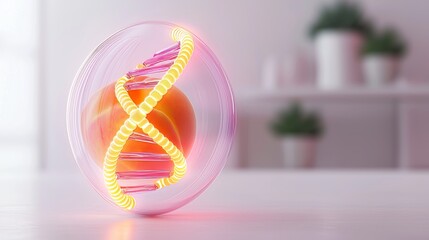 DNA double helix glowing with neon hues inside a peach, set against a minimalistic white background, representing cutting-edge fruit genetics