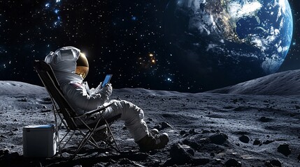 2410_314.an astronaut in full space gear sitting in a folding chair on the moon, looking at a phone, as earth looms large in the sky the scene is illuminated by soft moonlight, with the vast expanse