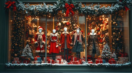 A festive display featuring mannequins in holiday attire, surrounded by decorations and gifts.