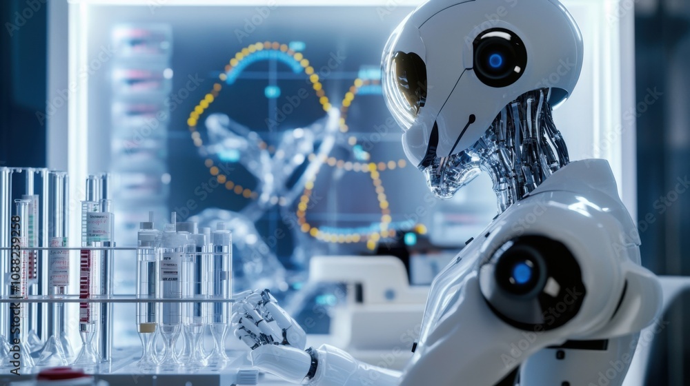 Poster A robotic scientist conducting experiments in a bioengineering lab to create synthetic organisms, scientific and innovative setting with genetic sequences and laboratory equipment