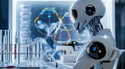 A robotic scientist conducting experiments in a bioengineering lab to create synthetic organisms, scientific and innovative setting with genetic sequences and laboratory equipment