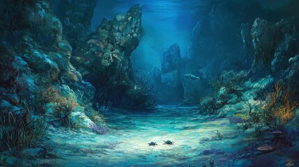 Serene underwater landscape with crabs and rocky formations in deep ocean