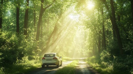 2410_345.electric car moving through a lush green forest, soft beams of sunlight breaking through the high trees, tranquil nature setting, focus on sustainable travel, a quiet drive in an