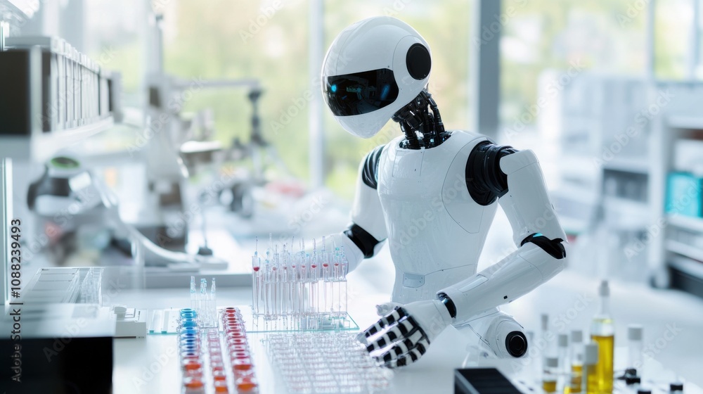 Poster A robotic scientist conducting experiments in a bioengineering laboratory to create artificial organs, biomedical and scientific setting with laboratory equipment and biotechnological experiments