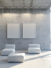 Fototapeta premium Modern minimalist room with white furniture and blank frames