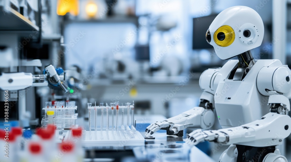 Poster A robotic scientist conducting experiments in a bioengineering laboratory to create artificial organs, biomedical and scientific setting with laboratory equipment and biotechnological experiments