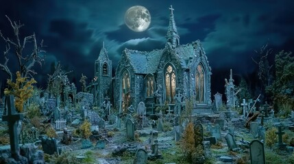 A haunting graveyard scene featuring a gothic church under a full moon.