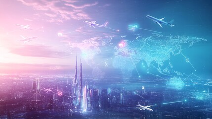 Fototapeta premium 2410_324.a high-tech concept art of the global travel industry, with a light blue world map overlay, white flight routes connecting various continents, glowing airplane icons, a futuristic city