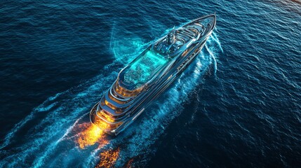 Fototapeta premium 2410_214.cutting-edge cruise liner navigating azure sea, overhead shot, holographic circuit board emanating from craft, shimmering data points, next-gen maritime ai, pristine ocean setting, gentle