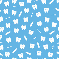 cute simple cartoon tooth  seamless pattern background in blue and white color