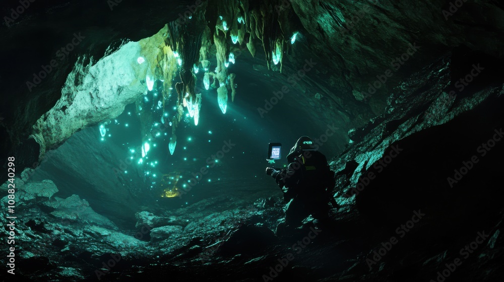 Poster a robotic scientist conducting experiments in a bioluminescent cave, mystical and scientific setting