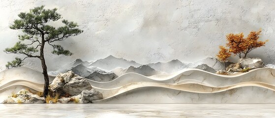 A serene interior scene featuring minimalist landscape art with two trees, one lush green and the other golden orange, against a textured wall with flowing wave patterns.