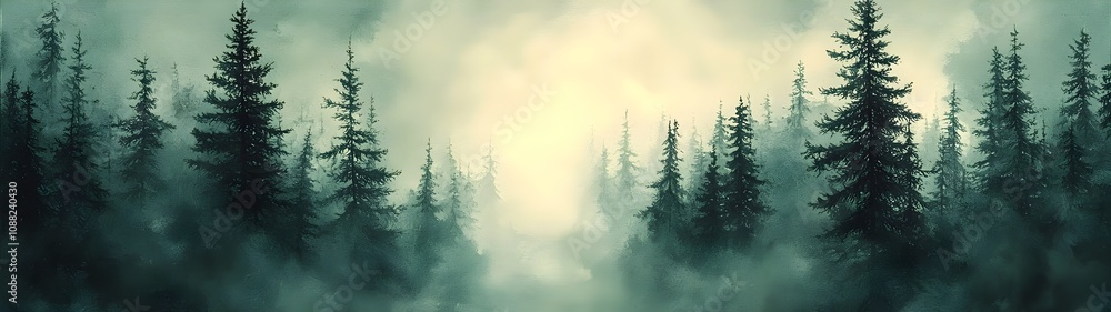 Poster a mystical forest scene featuring tall evergreen trees shrouded in fog, creating an enchanting and a