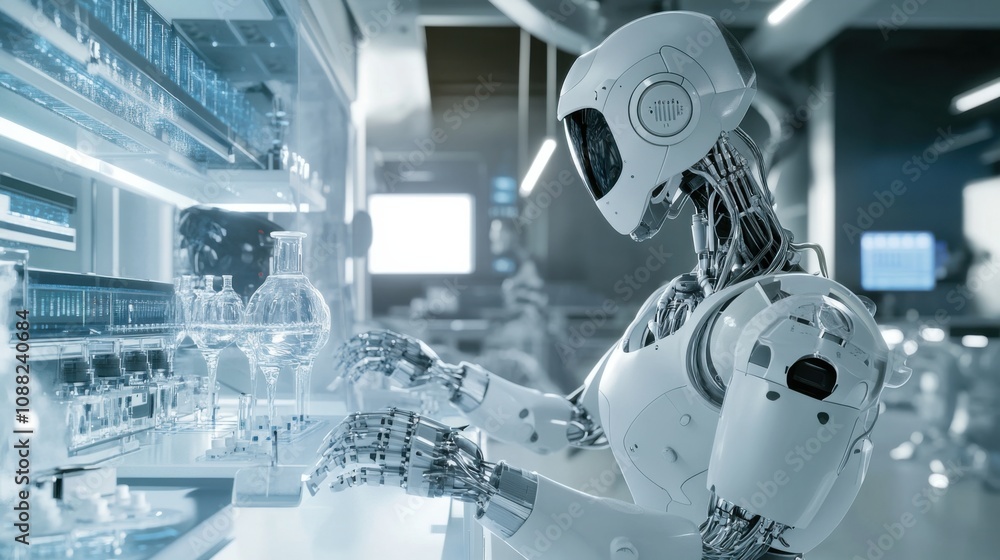 Leinwandbilder A robotic scientist conducting experiments in a futuristic lab, advanced research environment with digital interfaces and lab equipment, Scientific Robotics style