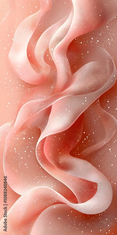 Poster a stunning abstract image featuring flowing, translucent fabric-like waves in soft pink hues, adorne