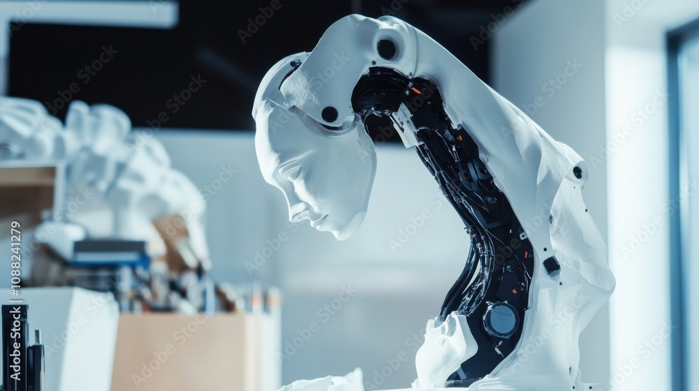 Poster a robotic sculptor carving a statue in a futuristic art studio, creative and clean setting with art 