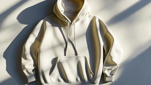 A white hoodie with a pocket and a hood. The hoodie is hanging on a white background
