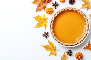 top view of pumpkin pie isolated in white background