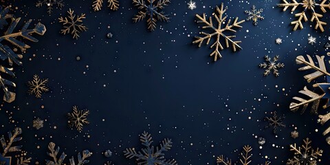 Naklejka premium Dark Blue Christmas Background with Golden Snowflakes