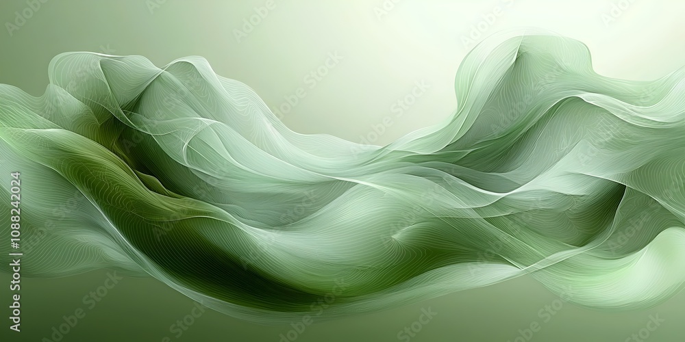 Poster an abstract design featuring flowing green waves, creating a serene and calming atmosphere with soft