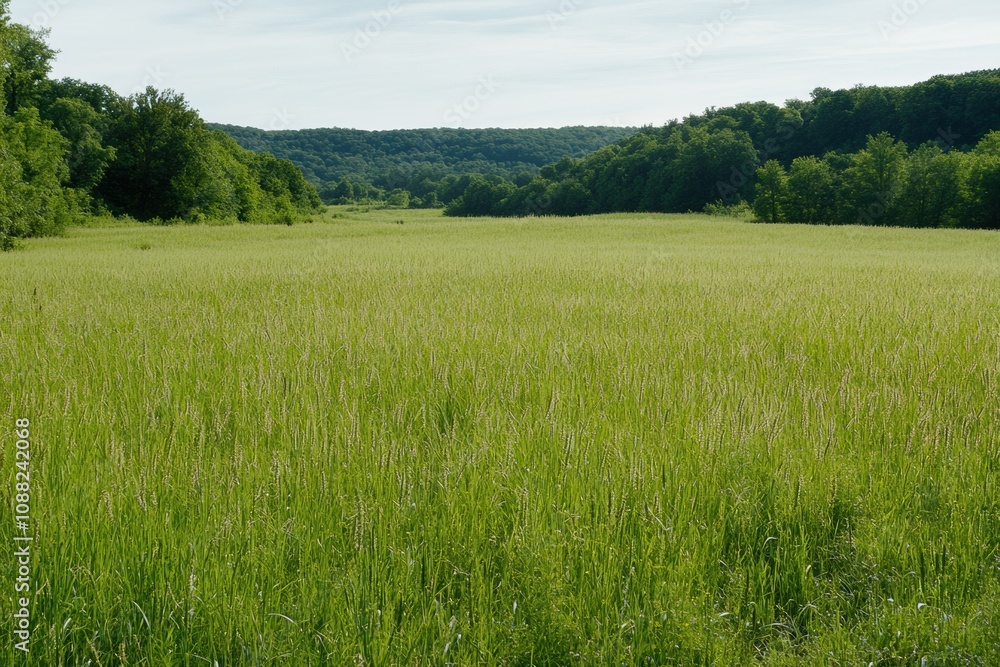 Poster the meadow features vibrant green grasses and healthy soybean plants, creating a serene atmosphere i