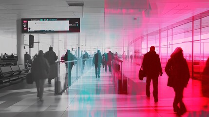 Fototapeta premium 2410_171.thermal imaging camera view, airport terminal, passengers detected, temperature readings displayed, futuristic interface, grayscale background, colorful heat signatures