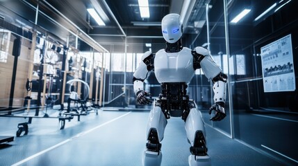 A robotic sports coach training athletes in a state-of-the-art training facility, athletic and competitive setting with sports equipment and motivational posters, Sports Coaching Robotics style