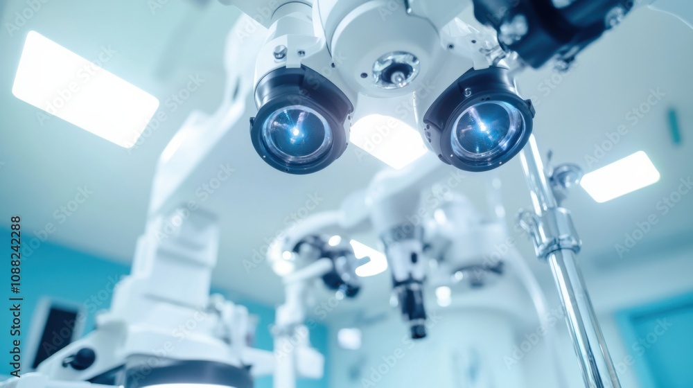 Poster A robotic surgeon performing a delicate eye surgery, sterile and highly controlled operating room with precision instruments, Ophthalmic Robotics style