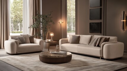 Elegant Living Room with Beige Sofa and Armchair