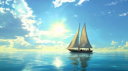 Fototapeta premium 2410_351.a luxurious yacht sailing across calm ocean waters, a couple sitting at the edge of the boat, enjoying the warmth of the sun, surrounded by a serene tropical seascape, gentle breeze in their