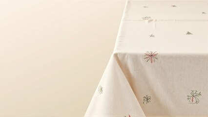 Generative AI, Minimalist Christmas tablecloth corner with subtle red and green holiday patterns in soft natural light