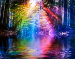 森の木々や水面を通して差し込む光が、鮮やかな色彩の帯として交錯する　柔らかなグラデーションが、自然のリズムと調和した幻想的な模様を描き出す幻想的な風景描写