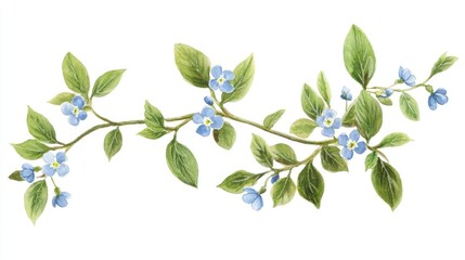 Floral arrangement with blue flowers and green leaves nature illustration bright fresh botanical