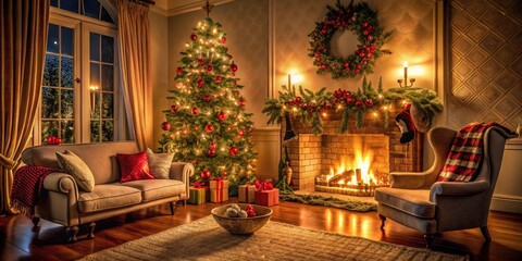 Cozy Christmas Living Room with Decorated Tree, Warm Fireplace, and Soft Lighting for a Festive Atmosphere, Ideal for Holiday Celebrations and Family Gatherings in a Winter Wonderland
