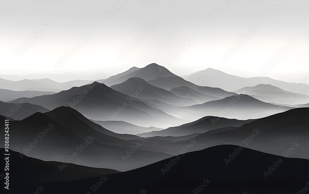 Poster a serene monochromatic landscape featuring layered mountains in varying shades of grey, creating a t