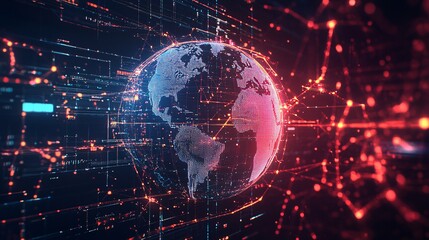 Fototapeta premium 2410_275.world network communication visual with hologram earth, multiple data servers linked by glowing pathways, processing and storage concept, futuristic cyber environment, bright neon colors