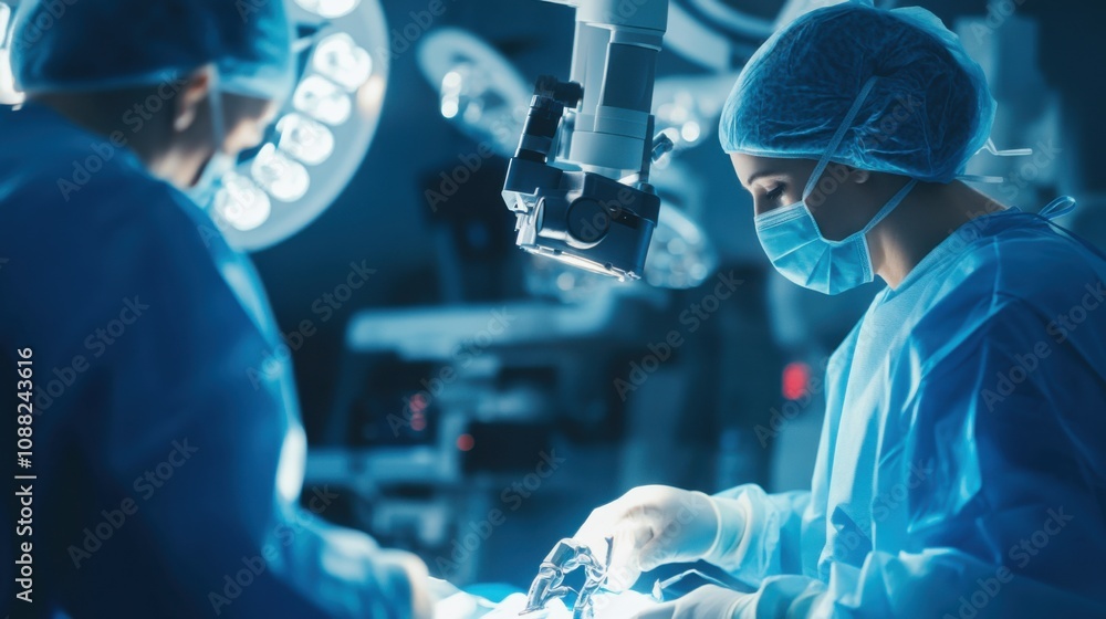 Aufkleber a robotic surgeon performing a minimally invasive surgery, high-tech and sterile operating room with