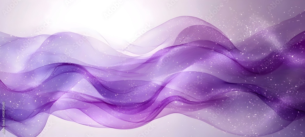Poster an ethereal abstract design features flowing waves of translucent purple fabric, infused with shimme