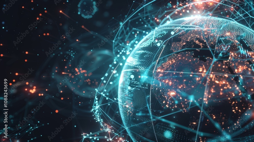 Poster futuristic digital data globe rotating, showing continents and countries linked by a network of conn