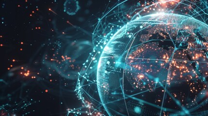Obraz premium Futuristic digital data globe rotating, showing continents and countries linked by a network of connections, symbolizing global communication and technology