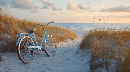 2410_155.beach path cycling portrait, powder blue vintage bicycle, windswept dune grass setting, tranquil ocean horizon, casual summer attire, authentic joy expressions, golden hour lighting, candid